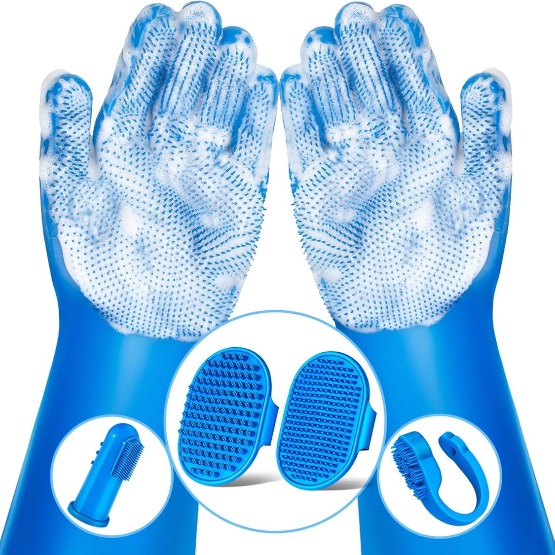 6-Piece Silicone Pet Bath Kit with Grooming Gloves, Bath Brushes &amp; Finger Toothbrushes, Blue