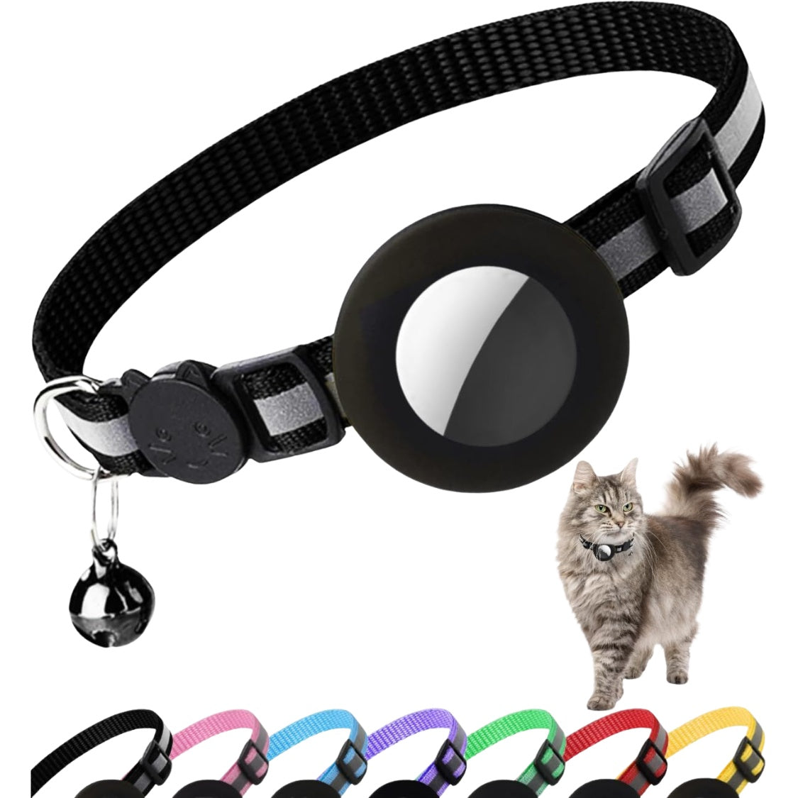 Breakaway Cat Collar with Tracker Holder – Reflective Nylon, Waterproof Case, Adjustable 8.7–13.8 in, Black