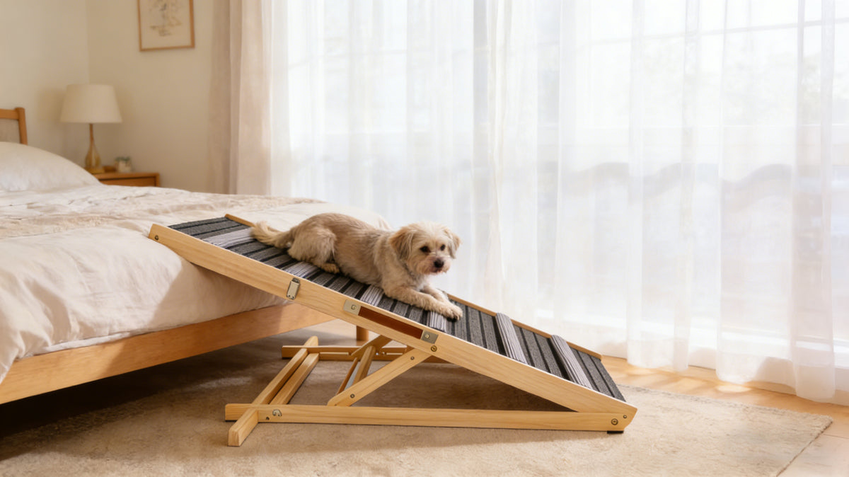 Adjustable Wooden Dog Ramp for Couch – 6 Heights, Non-Slip Carpet, Portable Pet Steps, Natural Wood – view 7