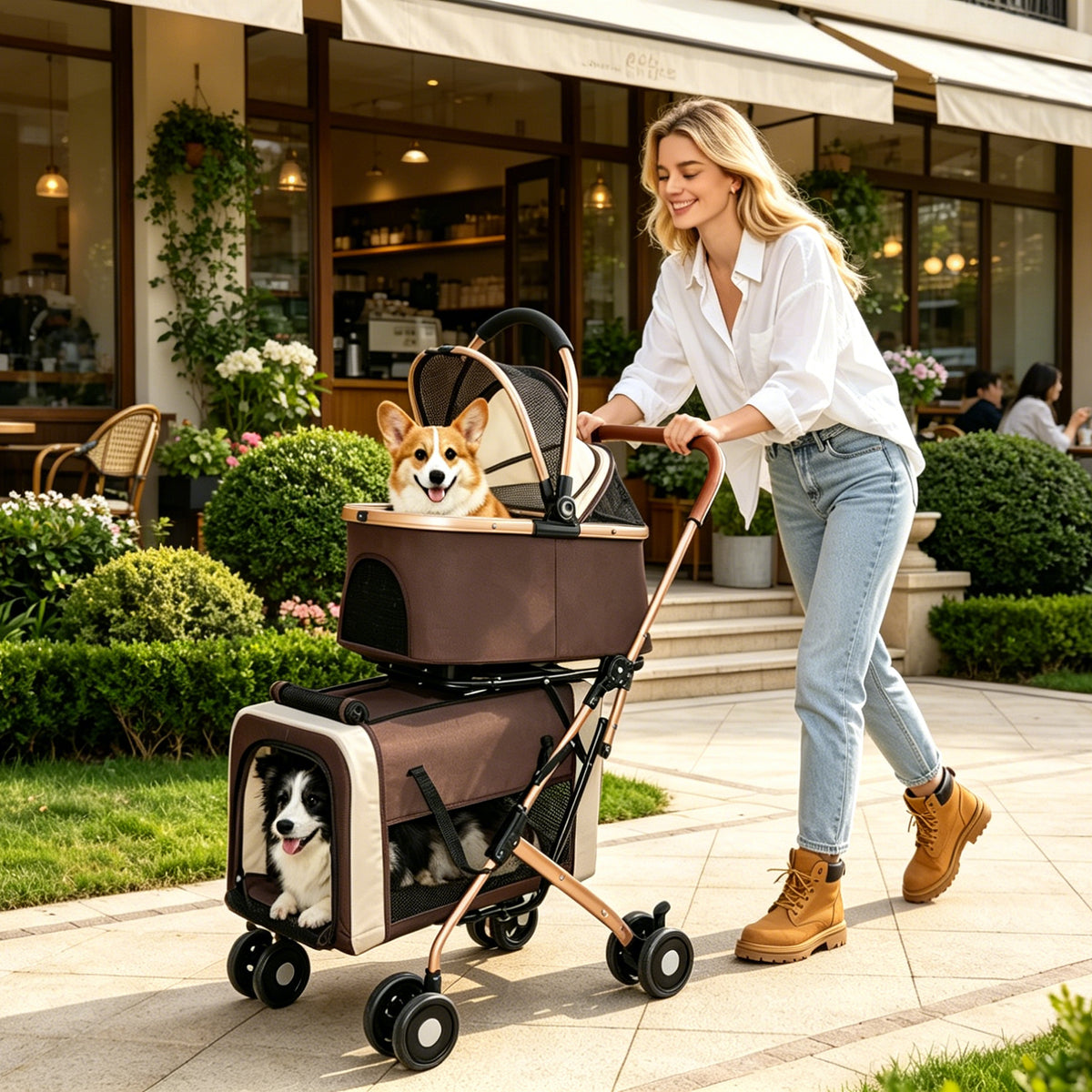 Double Pet Stroller for Dogs and Cats – 3-in-1 Carrier &amp; Tote, Shockproof Wheels, Brakes, Khaki – view 8