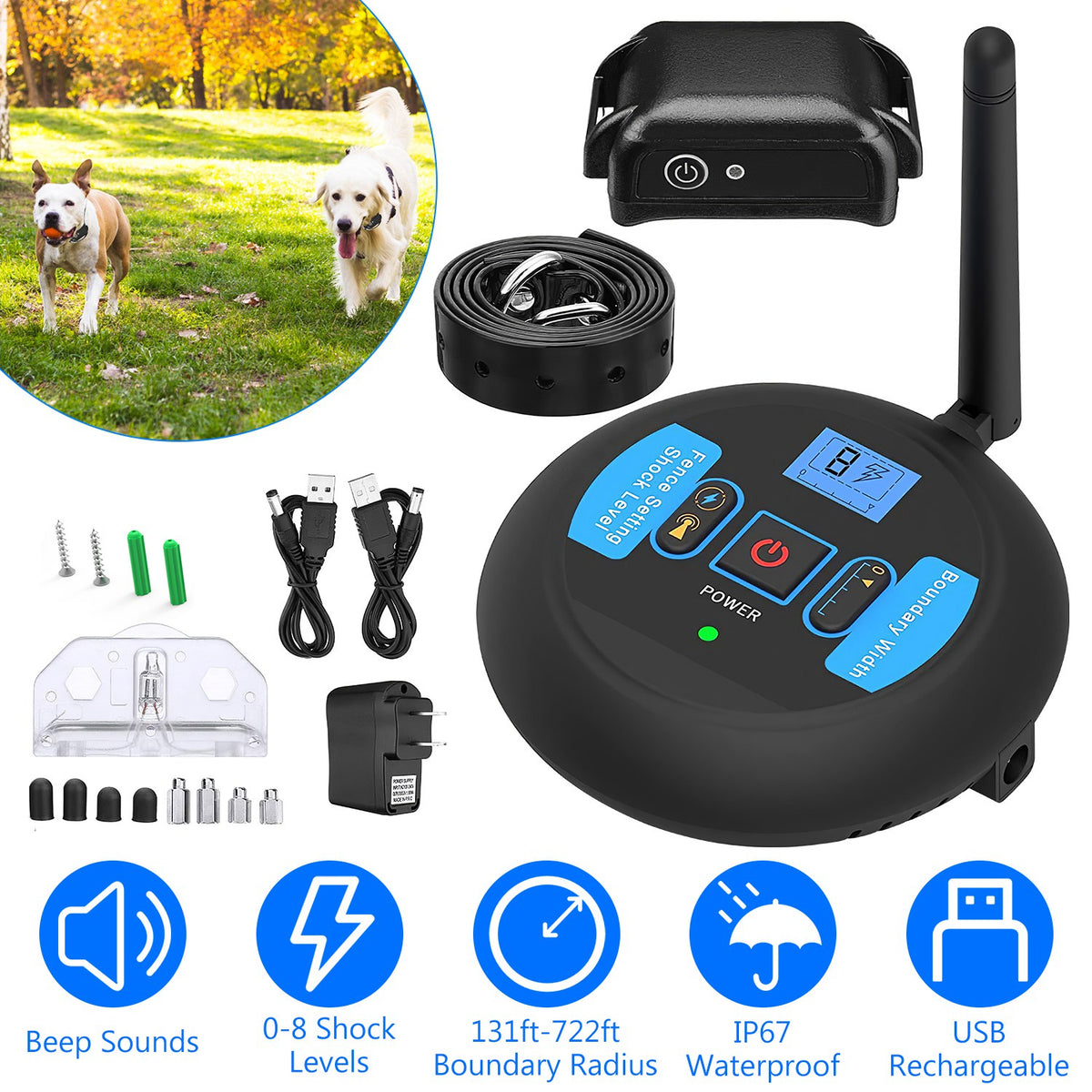Wireless Dog Fence System – 131–722 ft Adjustable Boundary, Tone &amp; Static, IP67