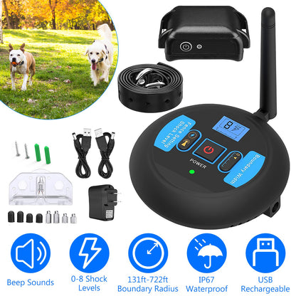 Wireless Dog Fence System – 131–722 ft Adjustable Boundary, Tone &amp; Static, IP67