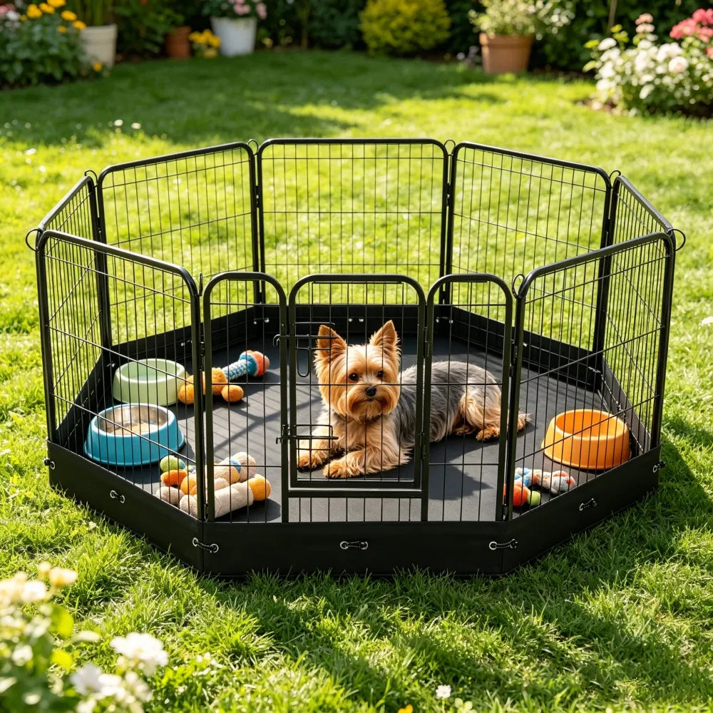 8-Panel Octagon Dog Playpen with Floor Mat – 24 in High, Metal Frame