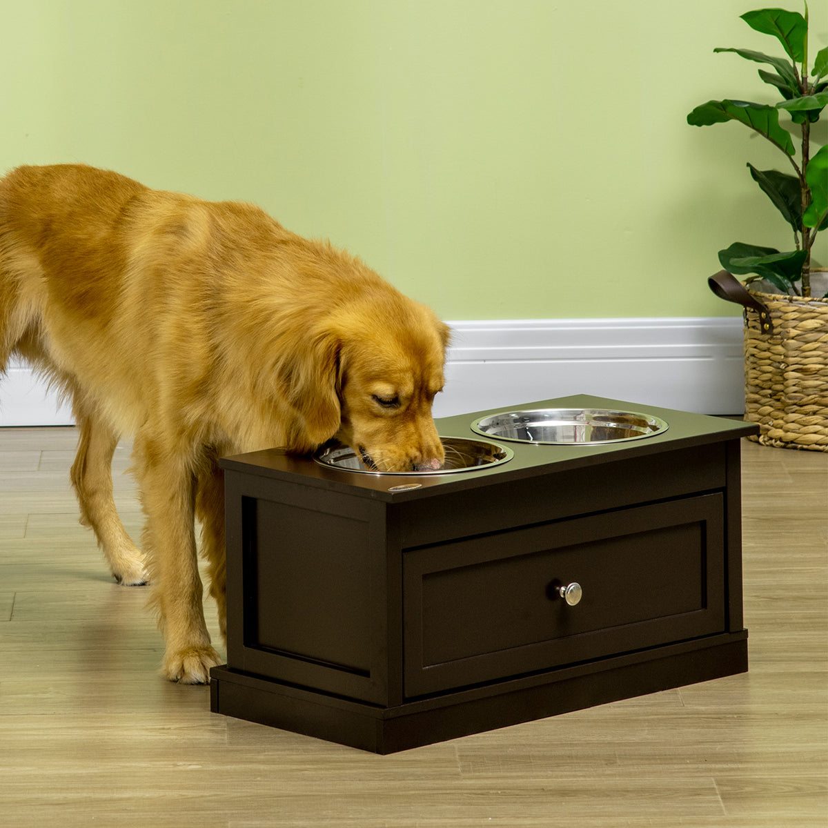 Elevated Dog Bowl Stand with 11 L Storage Drawer &amp; 2 Stainless Steel Bowls, Espresso Brown – view 2