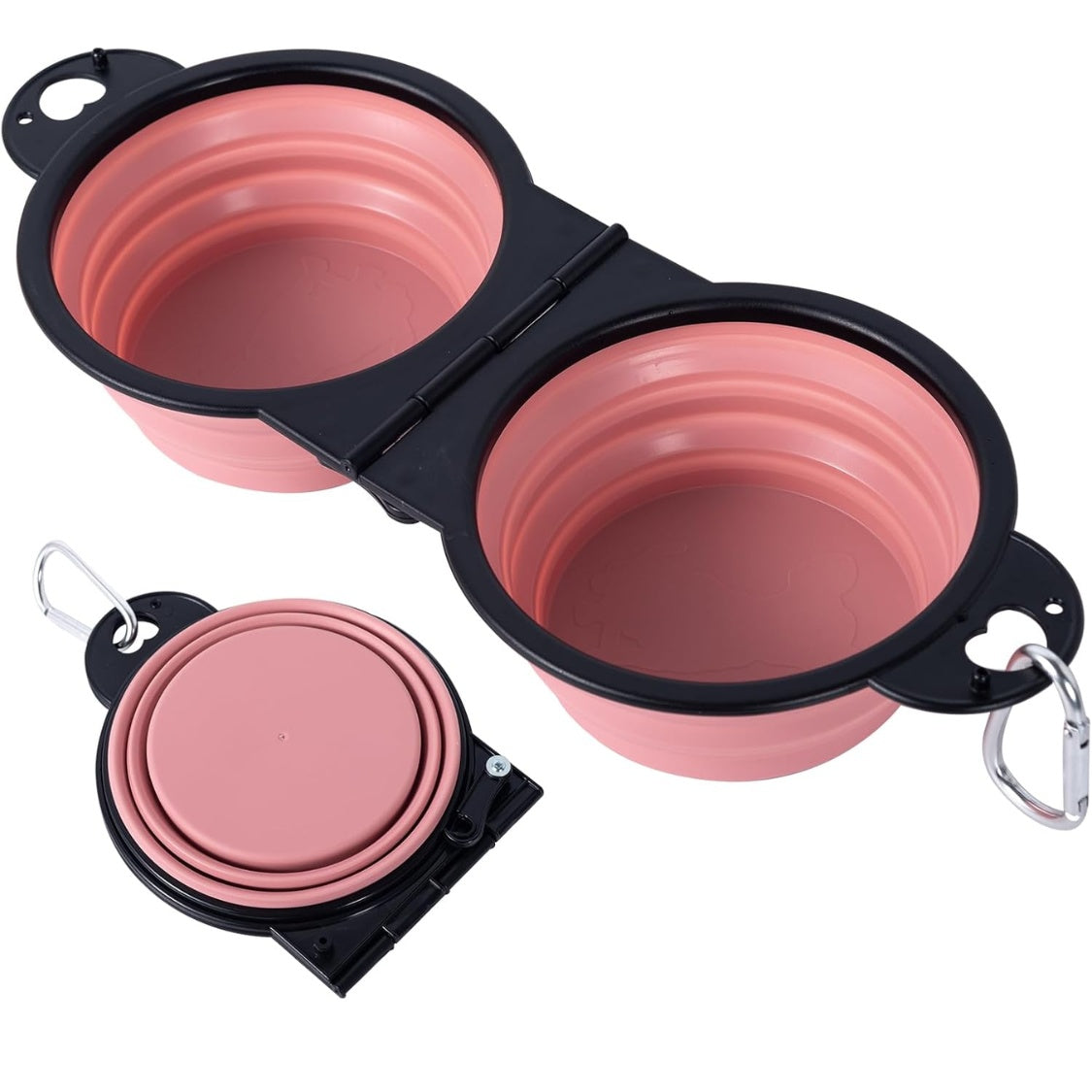 Collapsible Double Dog Travel Bowl with Lock Clips &amp; Flip-Over Fold, Pink