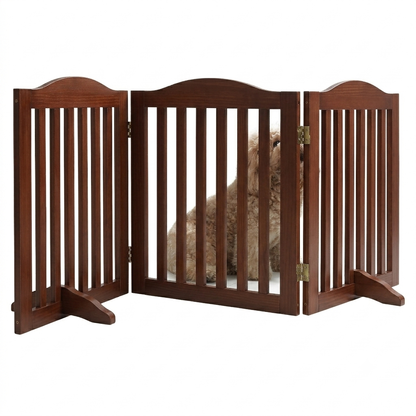 Freestanding Wooden Dog Gate – 3-Panel Foldable Step-Over Pet Fence, No Assembly, 24 in, Brown