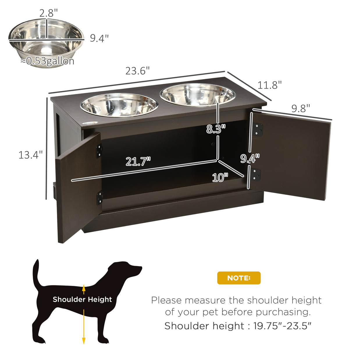 Raised Dog Feeder with Storage Cabinet and 2 Stainless Steel Bowls for Large Dogs, Coffee – view 3