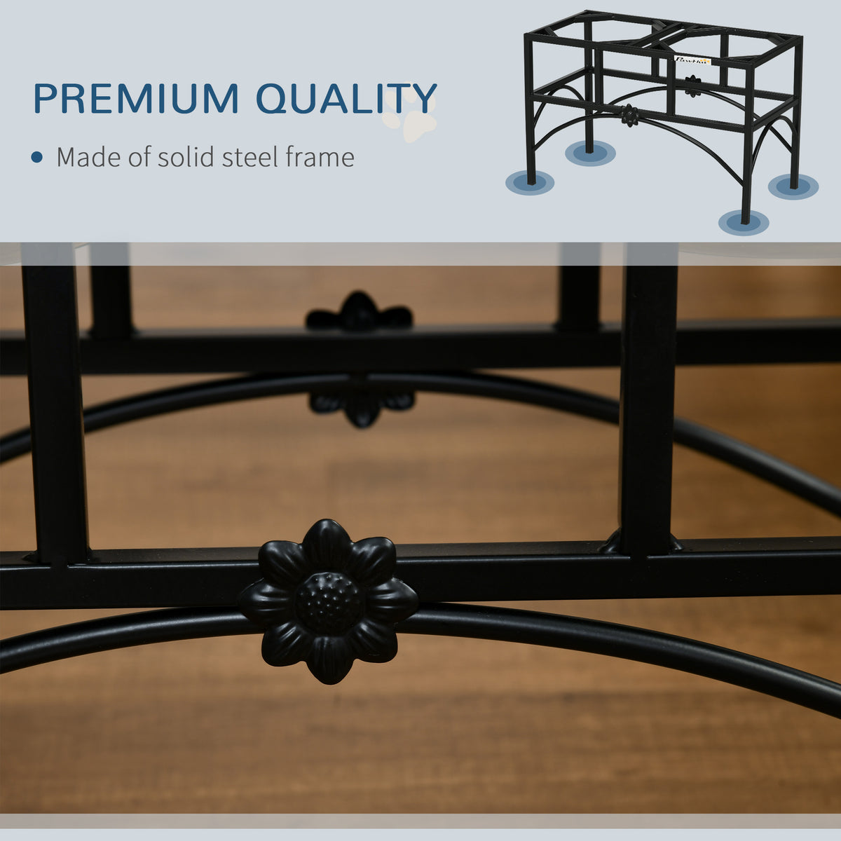 Elevated Double Dog Bowl Stand, Iron Frame with 2 Stainless Steel Bowls, 14 in Black and Silver – view 5