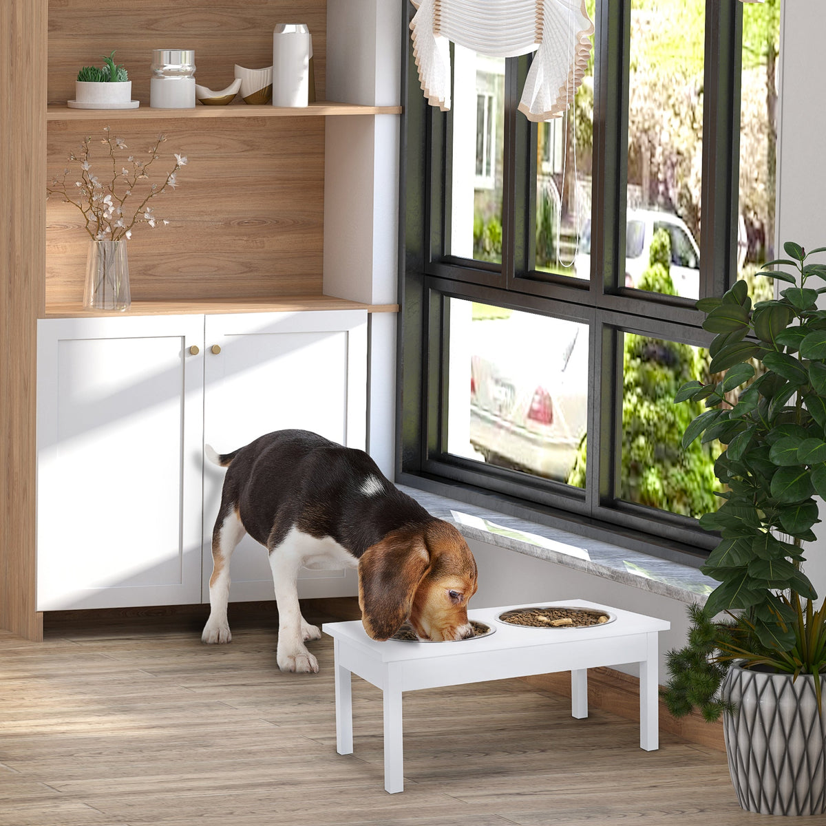 23 in Wooden Elevated Dog Feeding Station with 2 Stainless Steel Bowls, 2 L Each – White