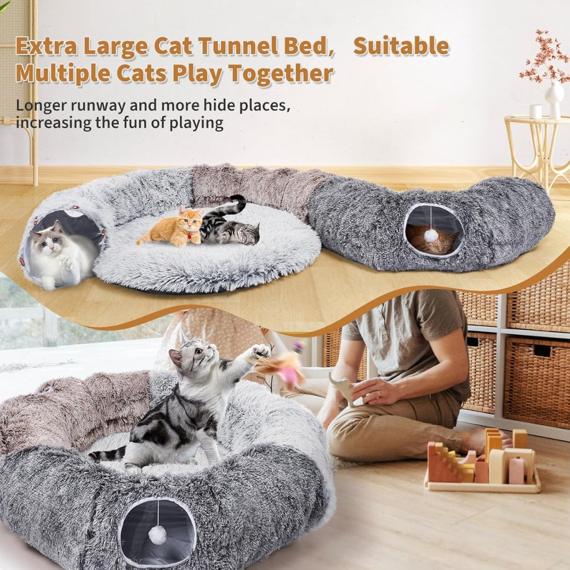 Large Plush Donut Cat Tunnel with Detachable Bed and 20 Cat Toys, 87 in, Gray – view 4