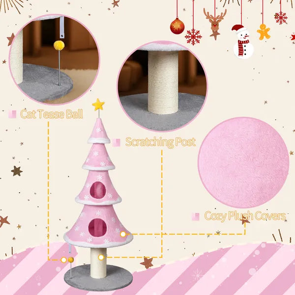 59" Christmas Tree Cat Tower – 2 Cat Condos, Sisal Scratching Post, Soft Fleece, Teaser Toy, Pink