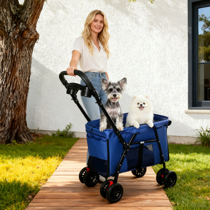 Foldable 4-Wheel Pet Stroller – Breathable Mesh, Shockproof Wheels, Brakes, Holds 33 lbs, Navy Blue – view 9