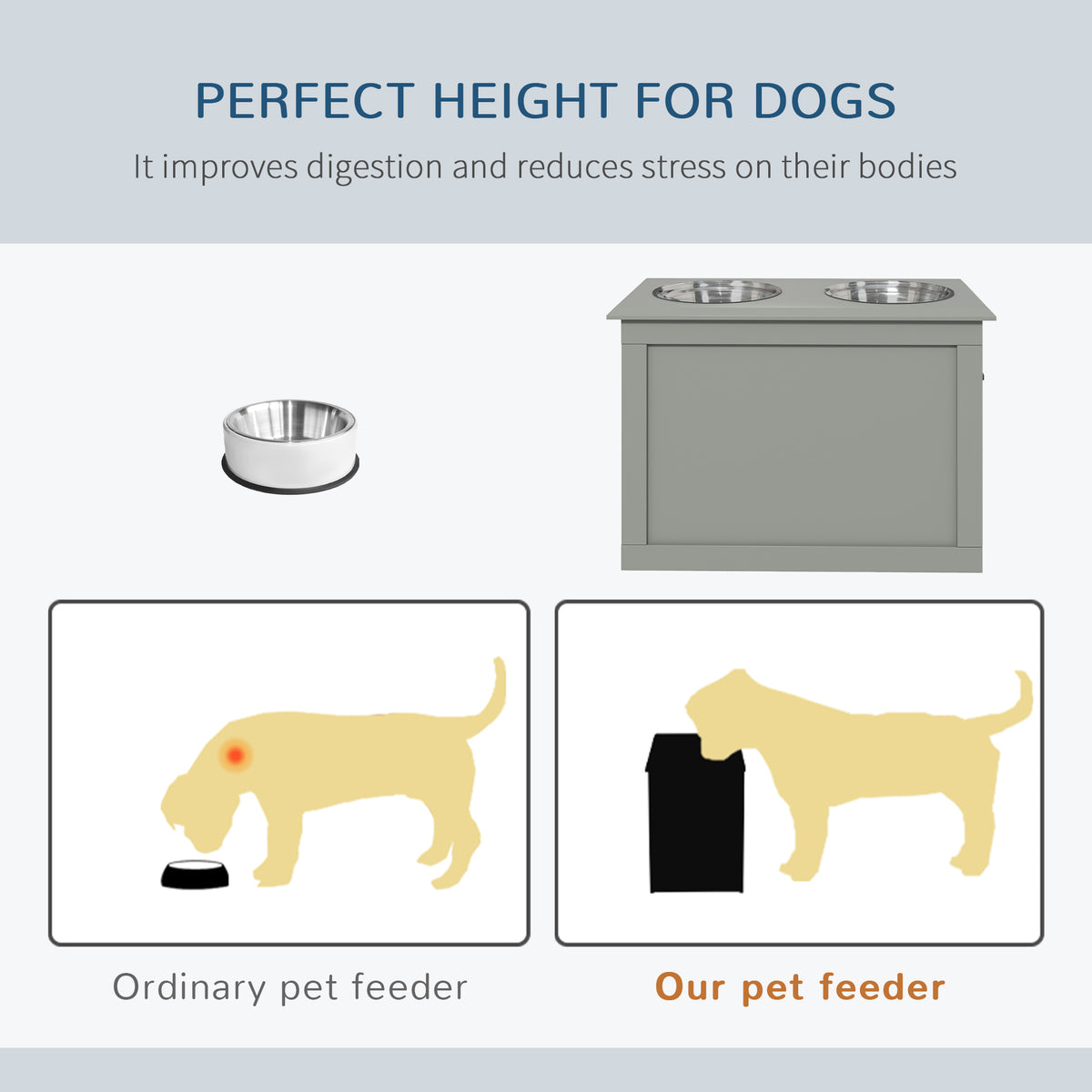 Raised Dog Feeder with Hidden Storage, Side Handles and 2 Stainless Steel Bowls for Large Dogs, Gray – view 6