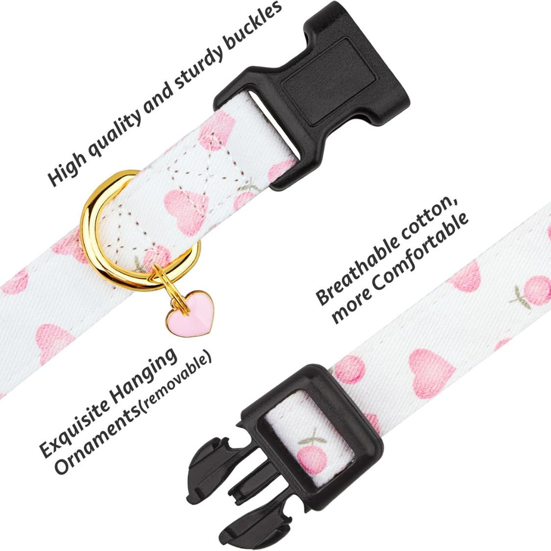 Pink Heart Dog Collar with Pendant – Soft Cotton Adjustable Collar for Dogs &amp; Puppies, White &amp; Pink – view 3