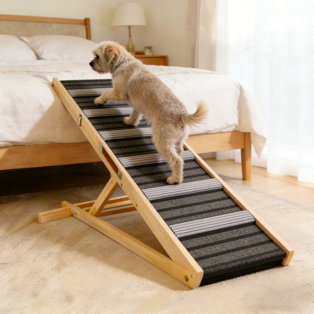 Adjustable Wooden Dog Ramp for Couch – 6 Heights, Non-Slip Carpet, Portable Pet Steps, Natural Wood – view 6