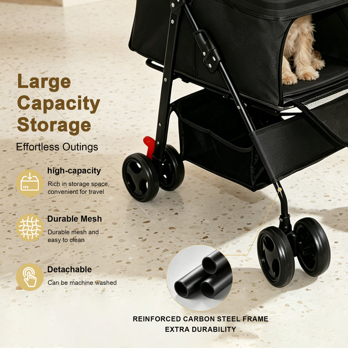 Foldable Pet Stroller for Small Dogs and Cats – One-Hand Fold, Tray, Storage Basket, Black – view 8