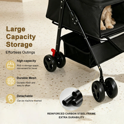 Foldable Pet Stroller for Small Dogs and Cats – One-Hand Fold, Tray, Storage Basket, Black – view 8