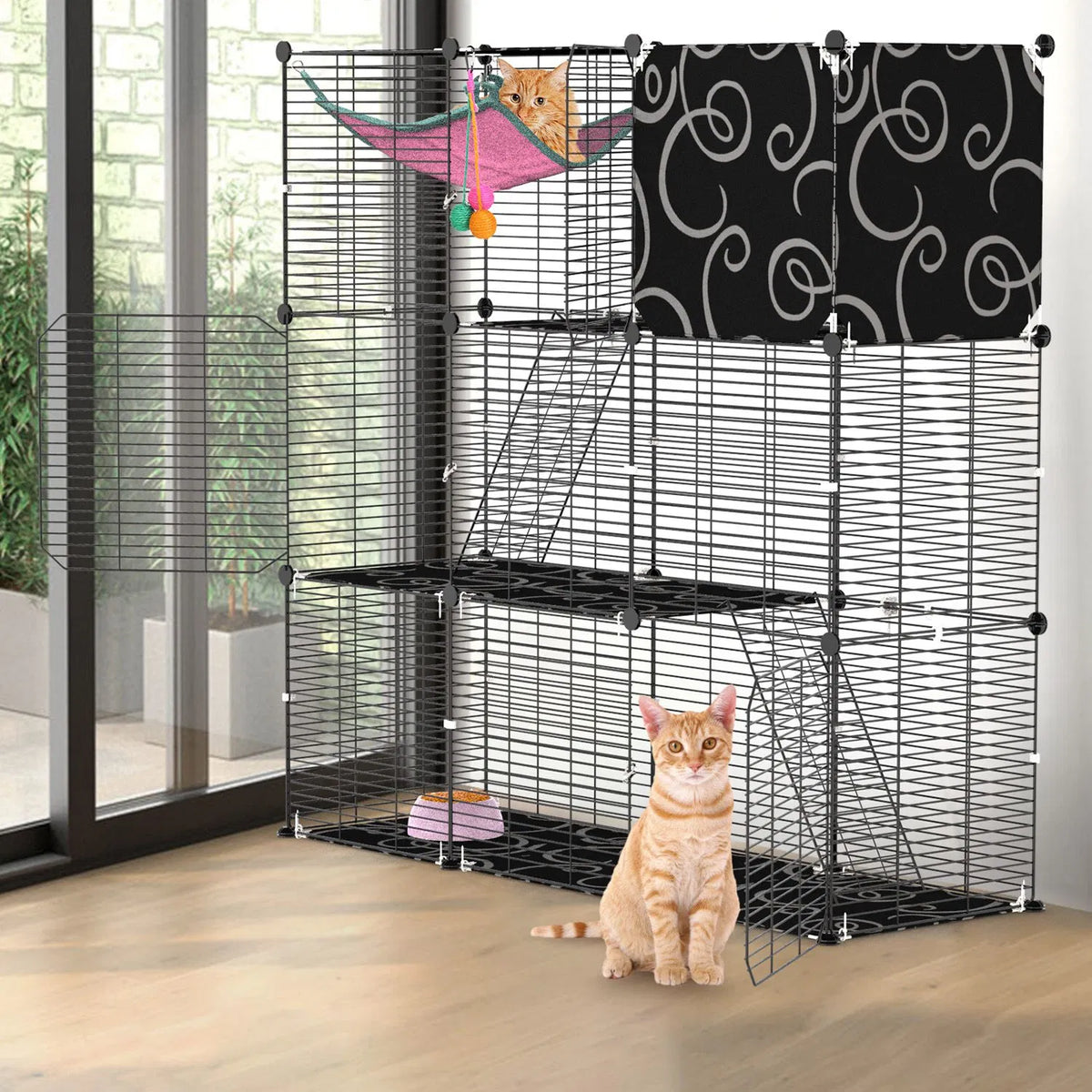 3-Tier Black Metal Cat Cage with 3 Doors, 2 Ladders, Plush Hammock and Toy Ball – view 5