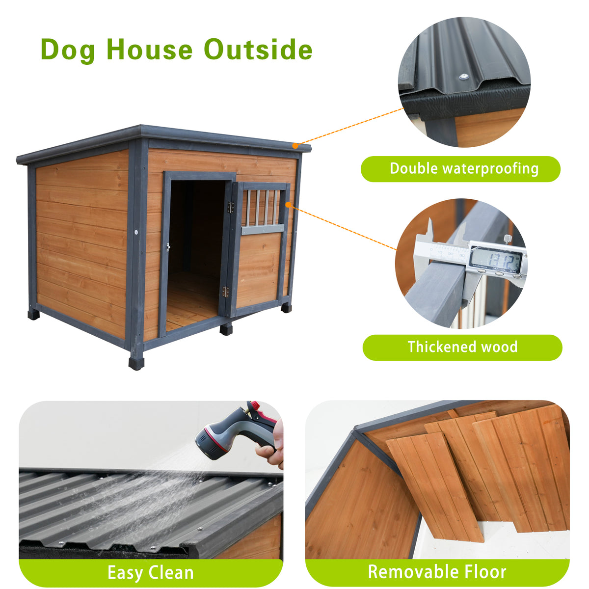 45 in Large Solid Wood Dog House – Waterproof PVC Roof, Elevated Floor, Gray &amp; Yellow – view 7