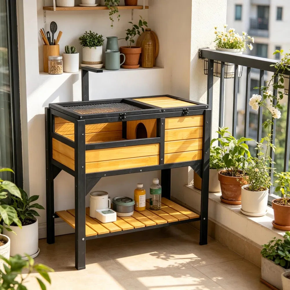 Cedar Wood Tortoise House – 2 Rooms, Hanging Light Stand, Plastic Tray &amp; Storage Shelf – view 6