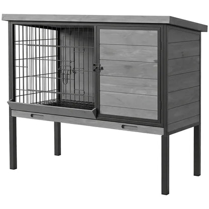 Wooden Rabbit Hutch with Run – Elevated Small Animal Cage, Pull-Out Tray, Waterproof Roof, Gray – view 2