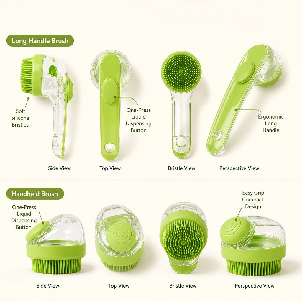 Dog &amp; Cat Shower Brush 2-Pack – Long &amp; Short Handle Silicone Brushes with Shampoo Dispenser – view 5