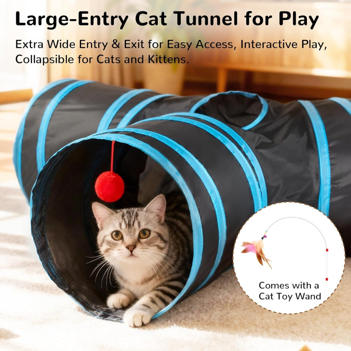 3-Way Collapsible Cat Tunnel – Indoor Play Tube with Peek Holes &amp; Dangling Ball, Black – view 5