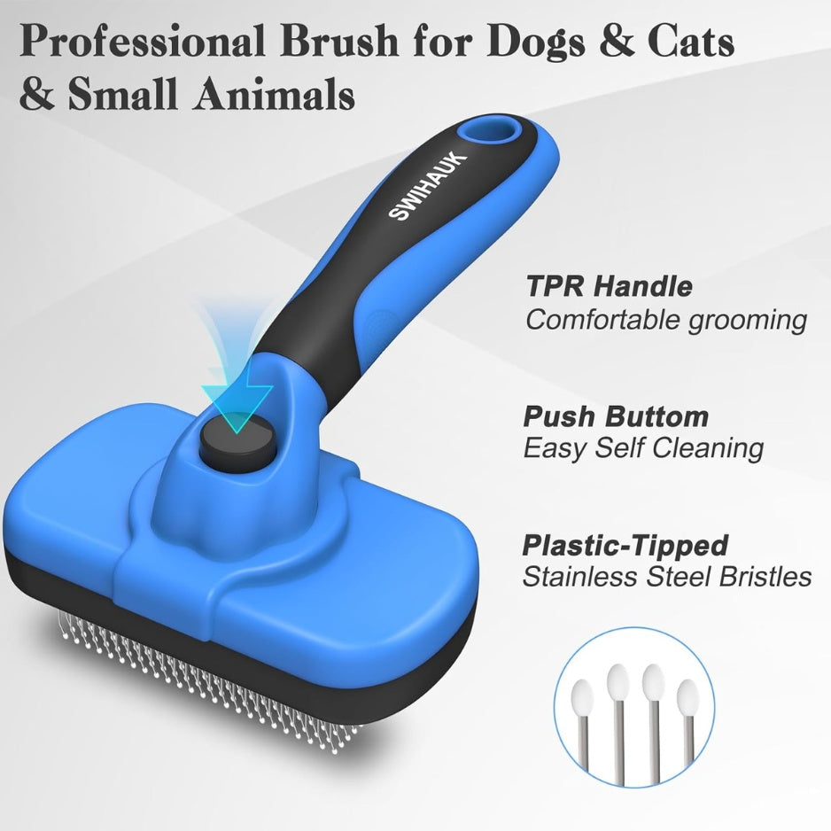 Self-Cleaning Slicker Brush for Dogs &amp; Cats – One-Click Hair Release, Gentle Deshedding Tool, Blue – view 3