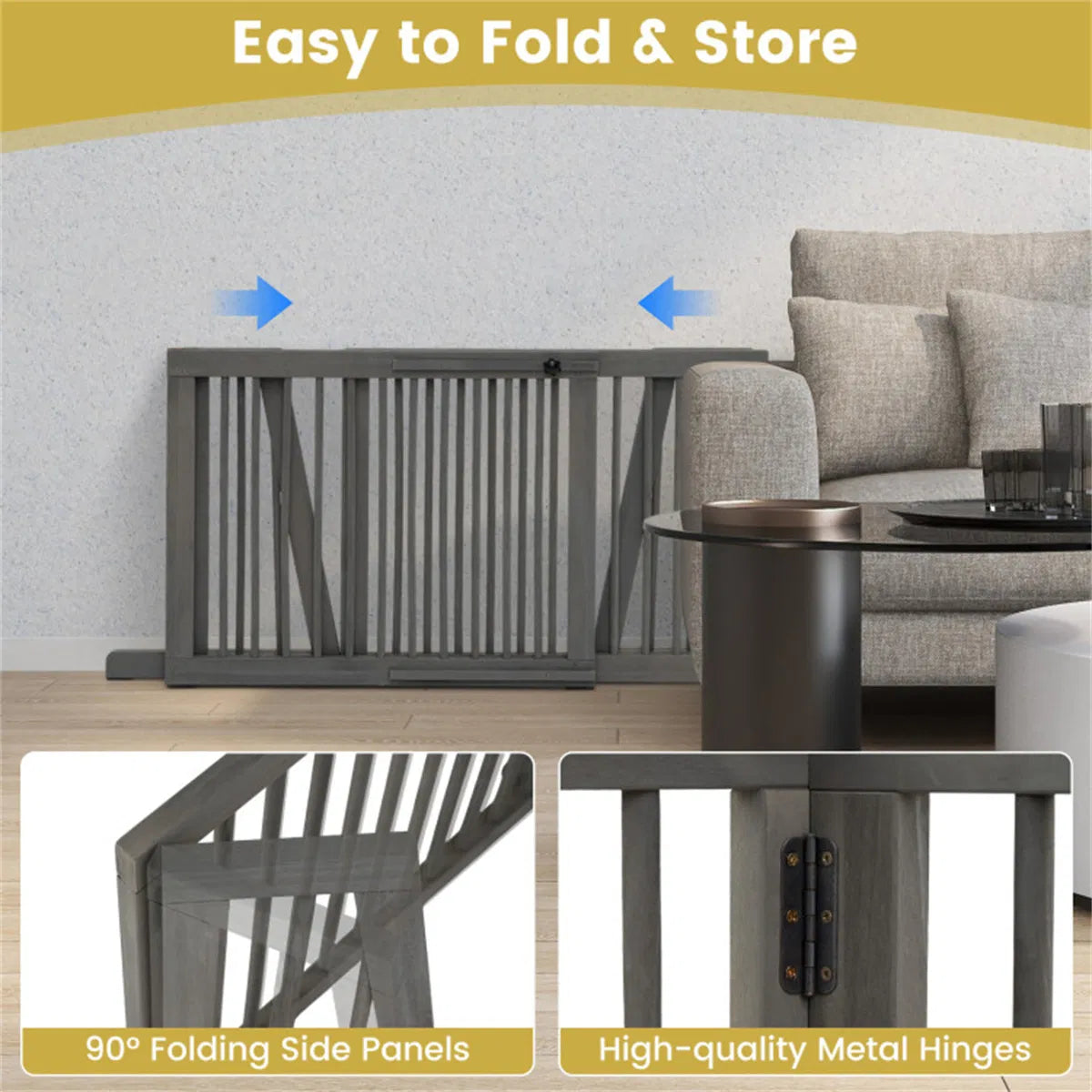 Expandable Wooden Pet Gate – 22 in Tall, Freestanding, 28–80 in Wide, Gray – view 8