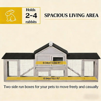 Wooden Rabbit Hutch with Run – Raised House, Ramp &amp; Slide-Out Tray, 82.75" Long, Gray – view 4