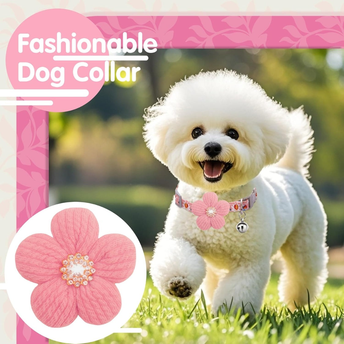 Flower Dog Collar with Bell – Cute Floral Cotton Collar for Small Girl Dogs, Adjustable, Pink – view 6