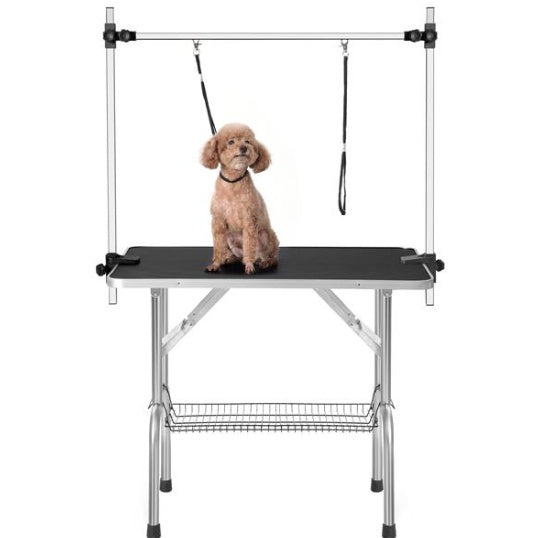 36 Inch Folding Pet Grooming Table with Adjustable Arm &amp; Storage Basket, Black