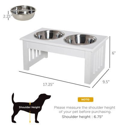 6 in Raised Double Dog Bowl Stand for Small Dogs, Wood Frame &amp; Stainless Steel Bowls, White – view 3