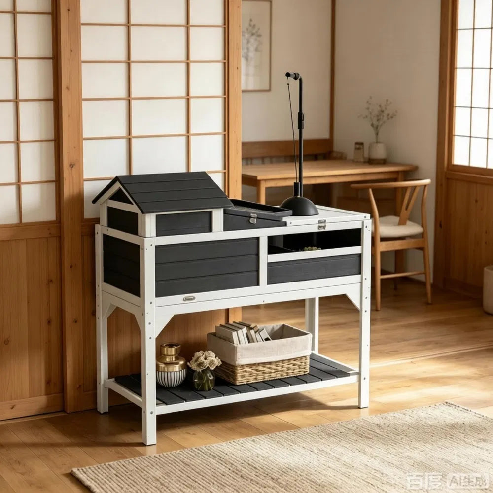 Two-Level Wooden Tortoise House with Run, Lamp Holder, Ramp &amp; Storage Shelf, Gray and White – view 9