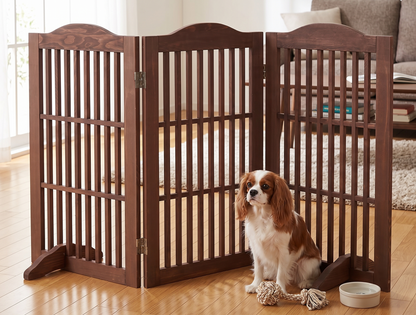 Foldable Wooden Dog Gate – Freestanding 3-Panel Step-Over Fence with Support Braces, 30 In, Brown