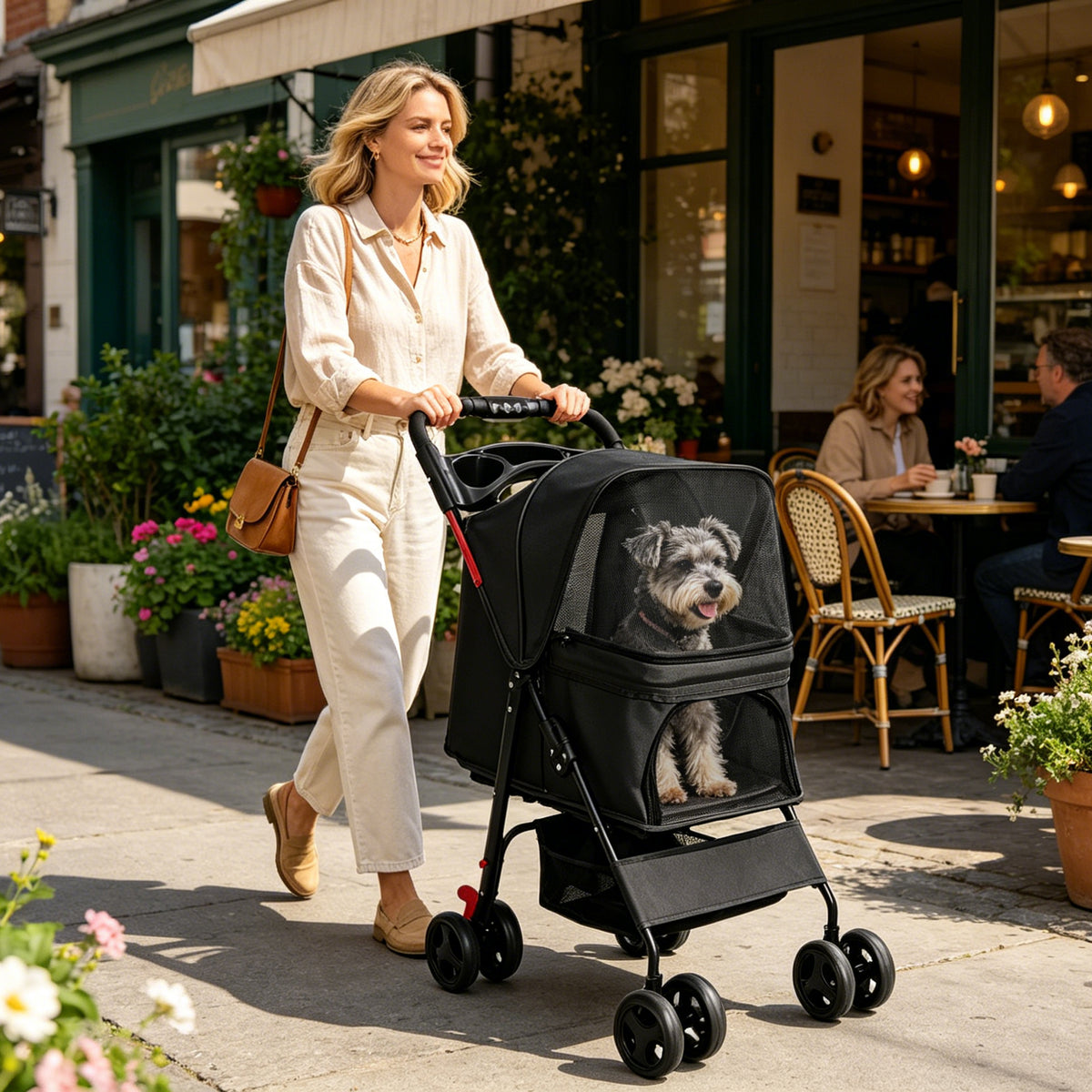 Foldable Pet Stroller for Small Dogs and Cats – One-Hand Fold, Tray, Storage Basket, Black – view 5