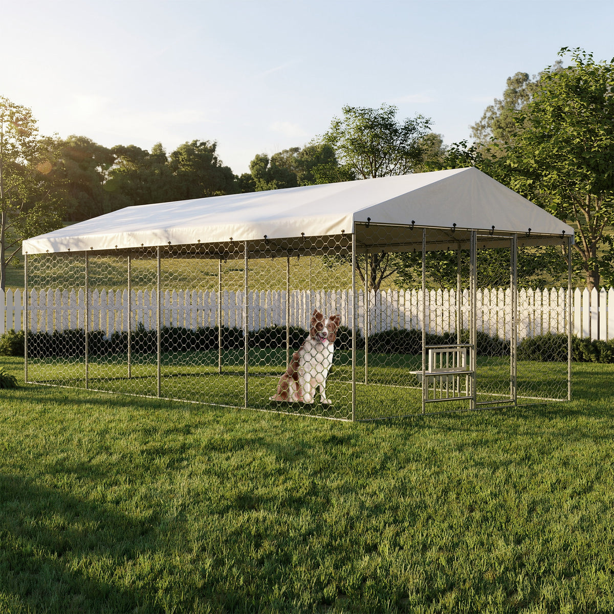 Large Outdoor Dog Kennel with Canopy – 20x10 Ft, Galvanized Steel, Elevated Feeding Bowls, Silver – view 2
