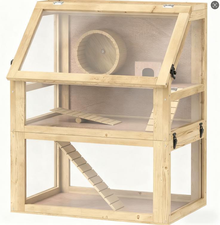 3-Tier Wooden Hamster Cage with Acrylic Panels, Exercise Wheel, Seesaw, Ramps and Hut – view 3