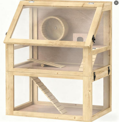 3-Tier Wooden Hamster Cage with Acrylic Panels, Exercise Wheel, Seesaw, Ramps and Hut – view 3