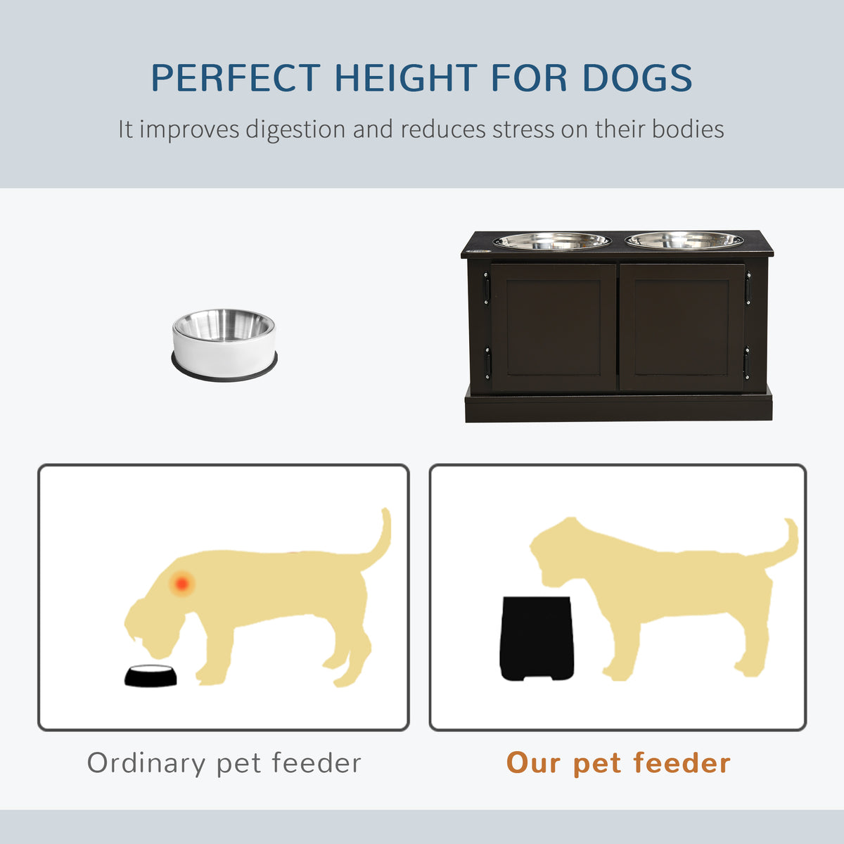 Raised Dog Feeder with Storage Cabinet and 2 Stainless Steel Bowls for Large Dogs, Coffee – view 7