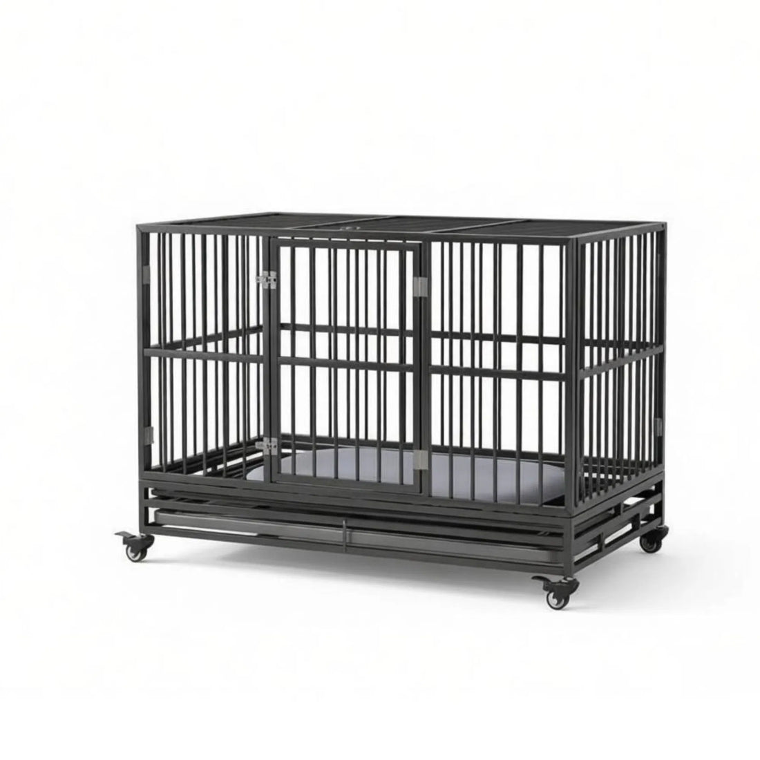 48 in Heavy-Duty Dog Crate with Locking Wheels – Double Door, Removable Tray, Gray – view 2