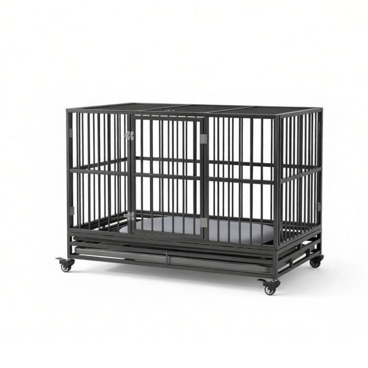 48 in Heavy-Duty Dog Crate with Locking Wheels – Double Door, Removable Tray, Gray – view 2