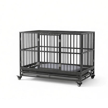 48 in Heavy-Duty Dog Crate with Locking Wheels – Double Door, Removable Tray, Gray – view 2