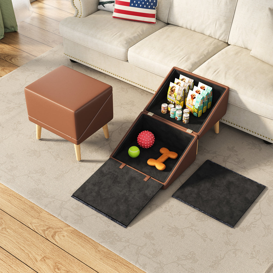 3-in-1 Dog Ramp with Hidden Storage – Ottoman Footstool, Anti-Slip Carpet, Supports 265 Lbs, Brown – view 2