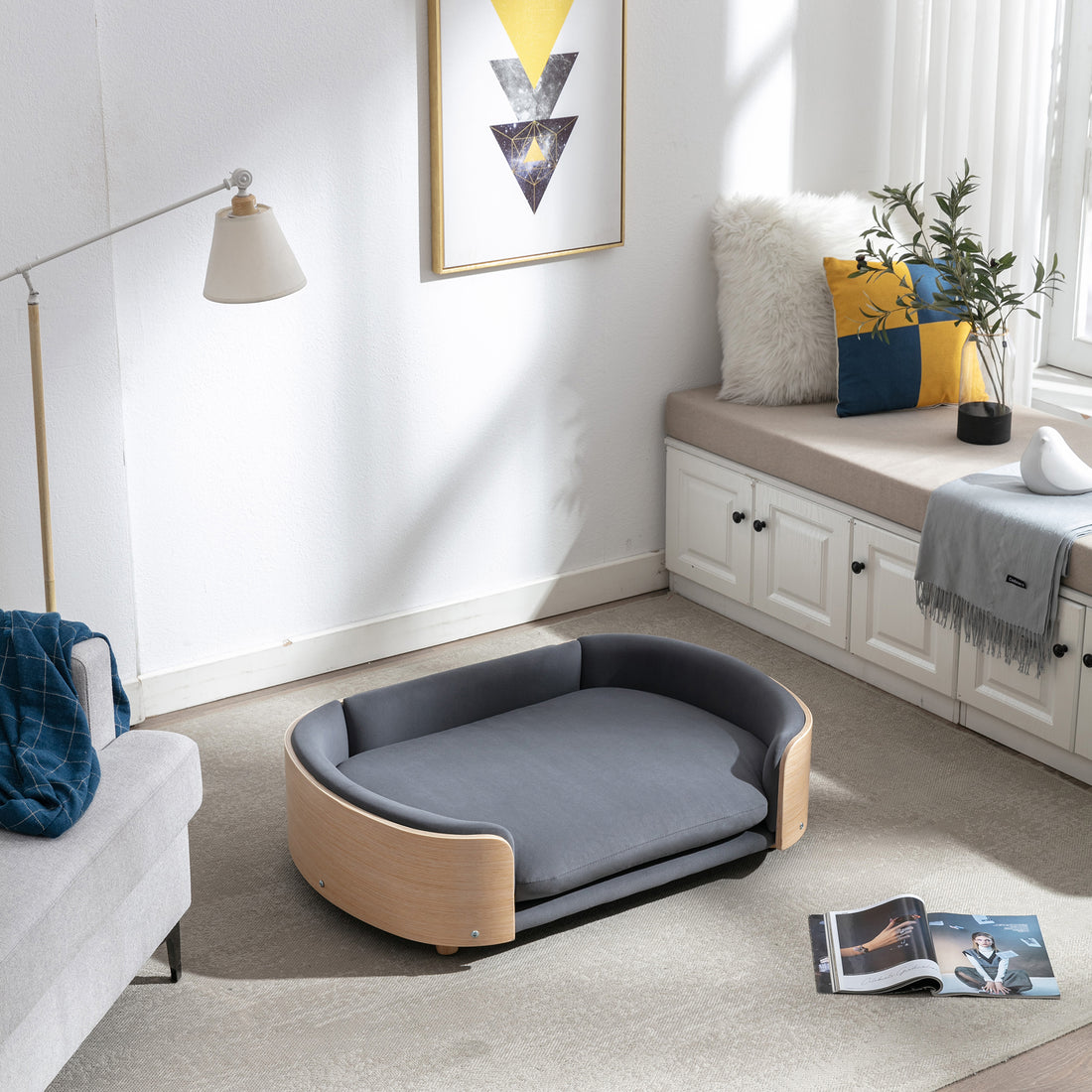 Scandinavian Elevated Dog Sofa Bed – Solid Wood Legs, Bent Wood Back, Velvet Cushion, Dark Gray