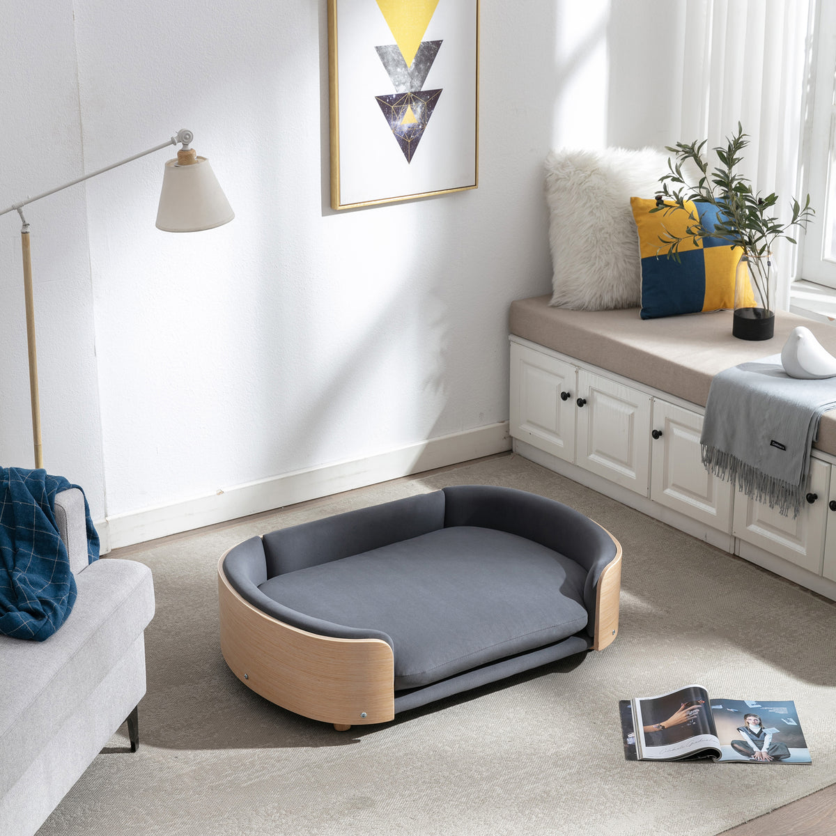 Scandinavian Elevated Dog Sofa Bed – Solid Wood Legs, Bent Wood Back, Velvet Cushion, Dark Gray