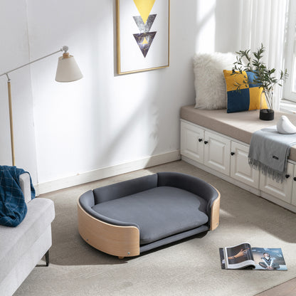 Scandinavian Elevated Dog Sofa Bed – Solid Wood Legs, Bent Wood Back, Velvet Cushion, Dark Gray