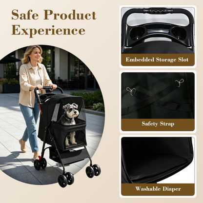 Foldable Pet Stroller for Small Dogs and Cats – One-Hand Fold, Tray, Storage Basket, Black – view 7
