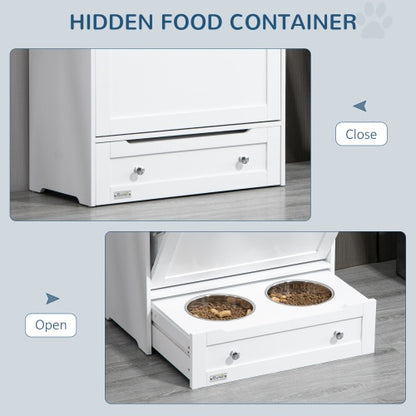 Pet Feeder Station Cabinet with Pull-Out Bowl Drawer, Storage Shelves &amp; Hooks – White – view 6