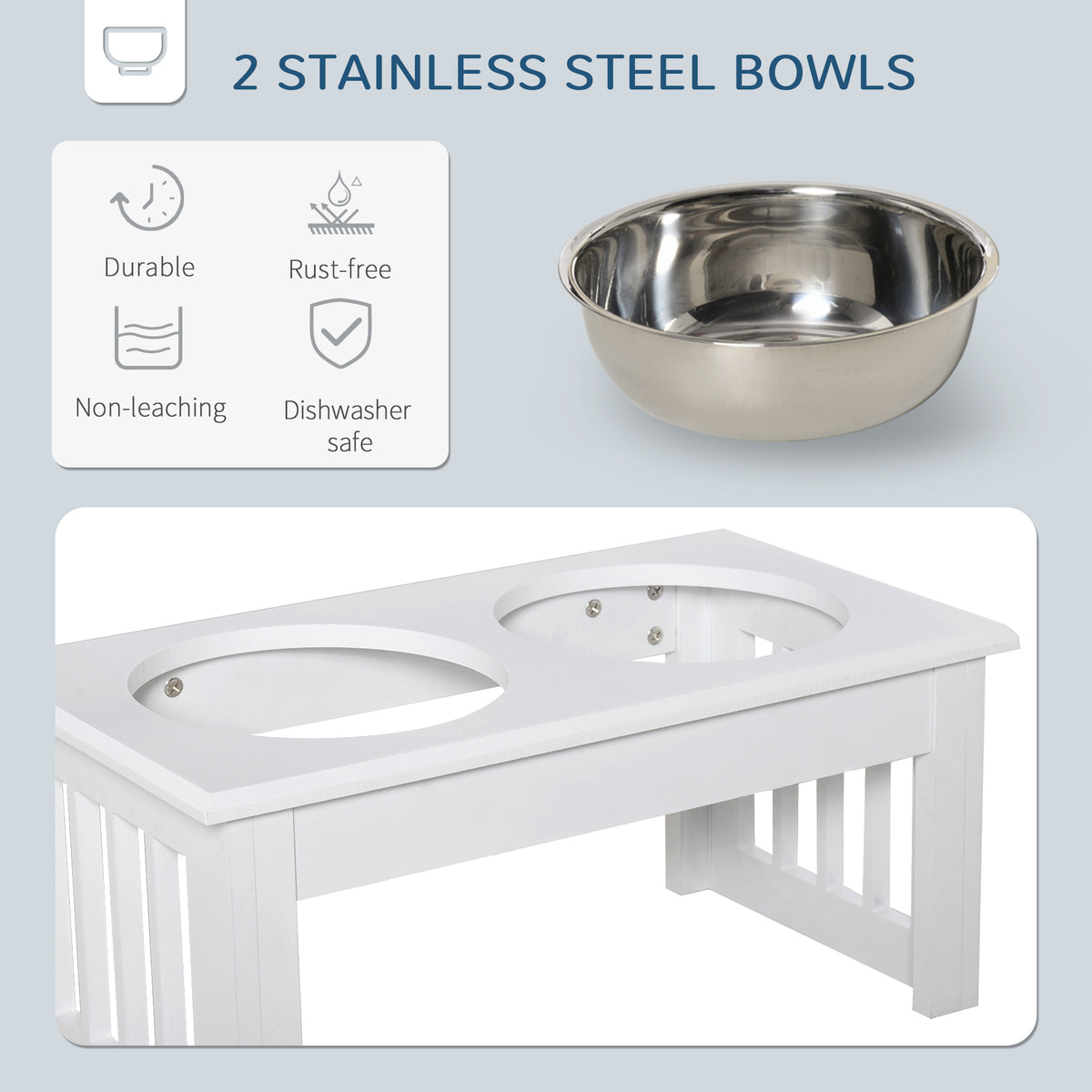6 in Raised Double Dog Bowl Stand for Small Dogs, Wood Frame &amp; Stainless Steel Bowls, White – view 5